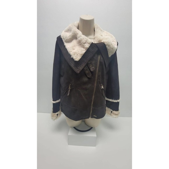GUESS Jacket Full Zip Closure, Faux Leather & Fur, Size S Brown & White - Picture 1 of 3
